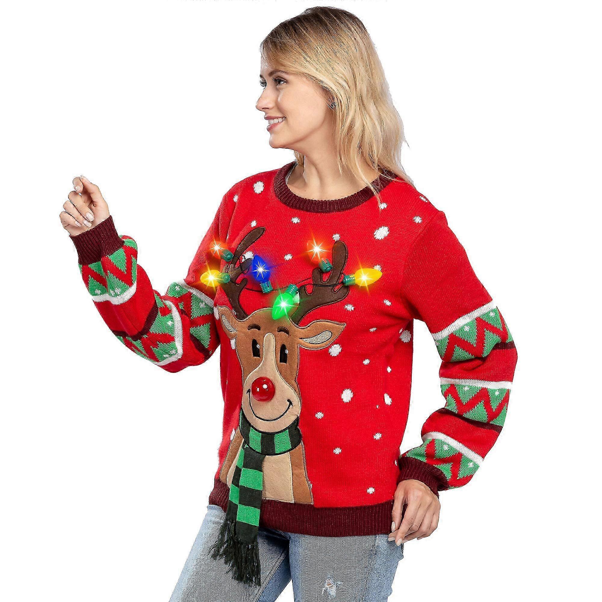 Damen Ugly Christmas Pullover Mit Rentier & Lichtern | Warmer Strick