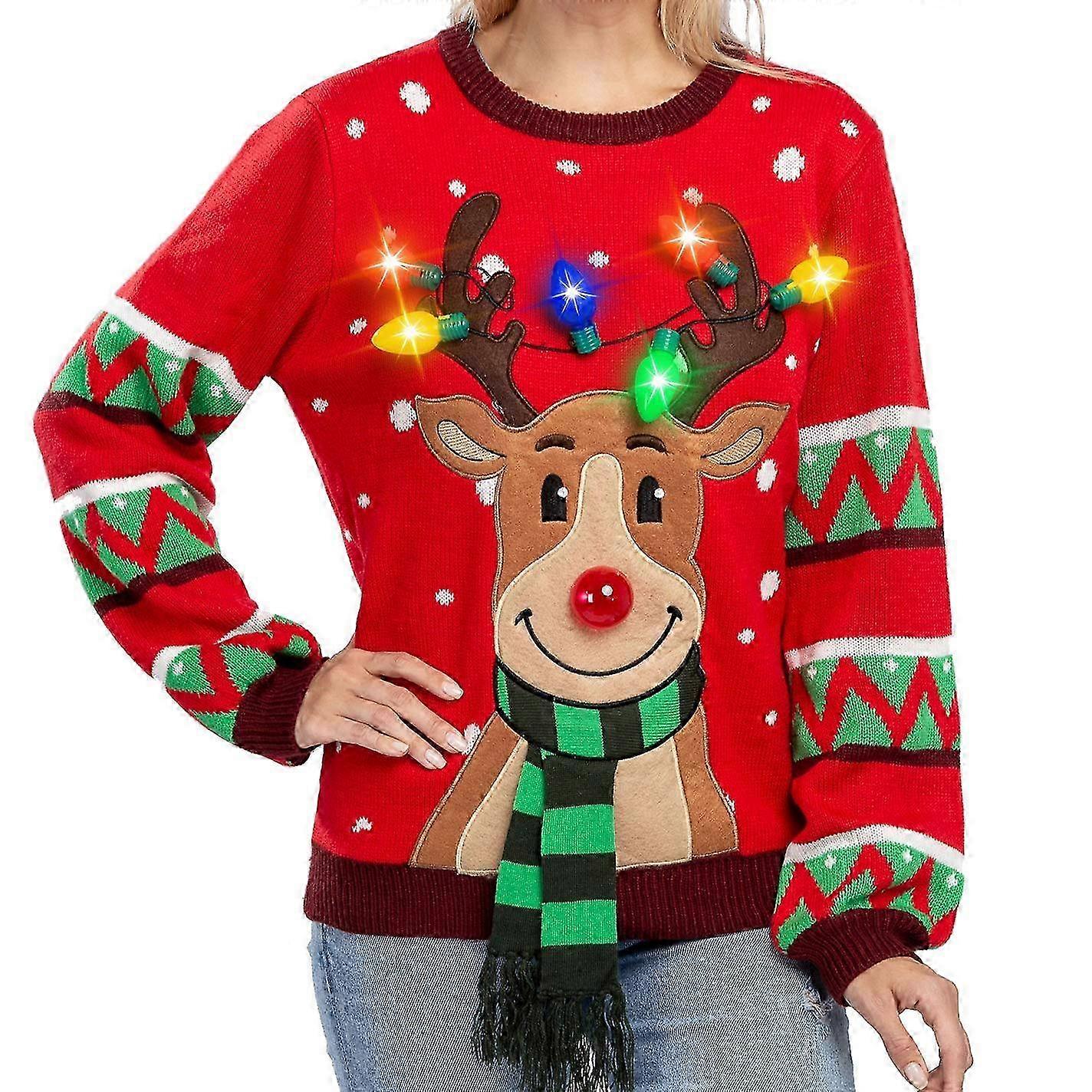 Damen Ugly Christmas Pullover Mit Rentier & Lichtern | Warmer Strick