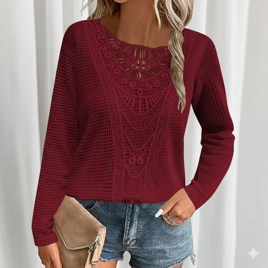 Damen Waffelbluse Mit Spitzen-Ausschnitt | Langarm