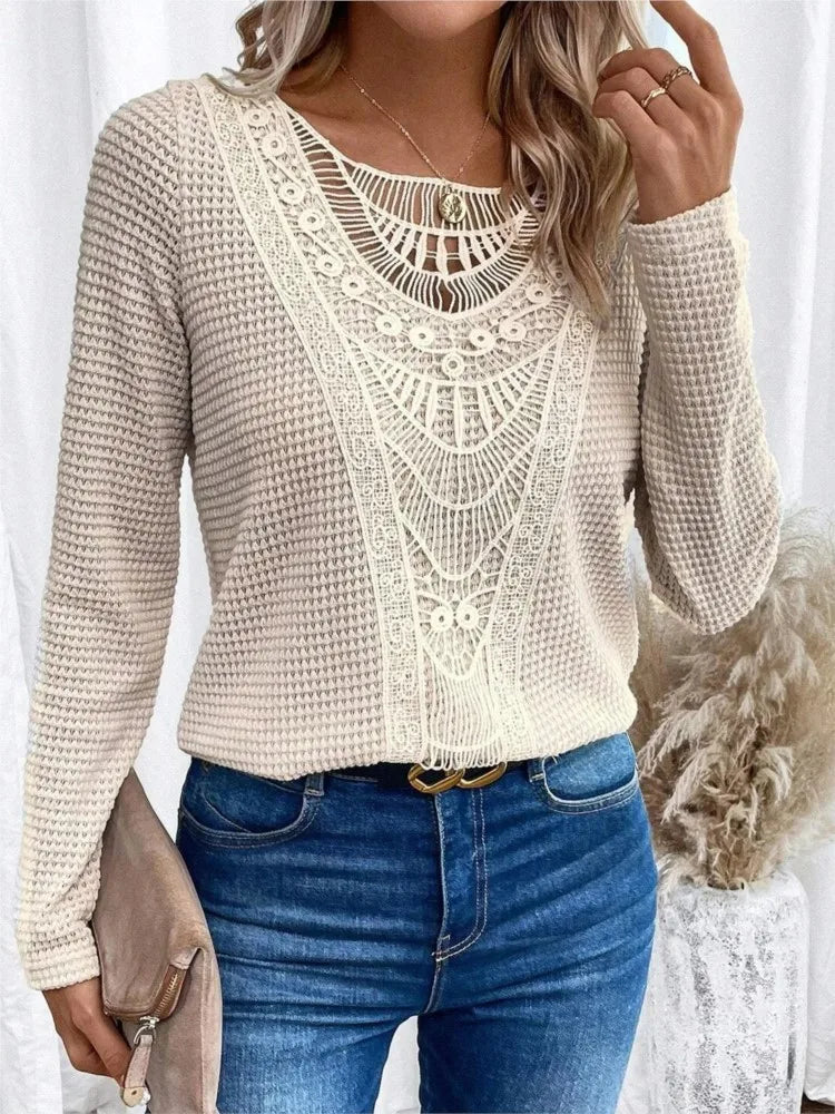 Damen Waffelbluse Mit Spitzen-Ausschnitt | Langarm
