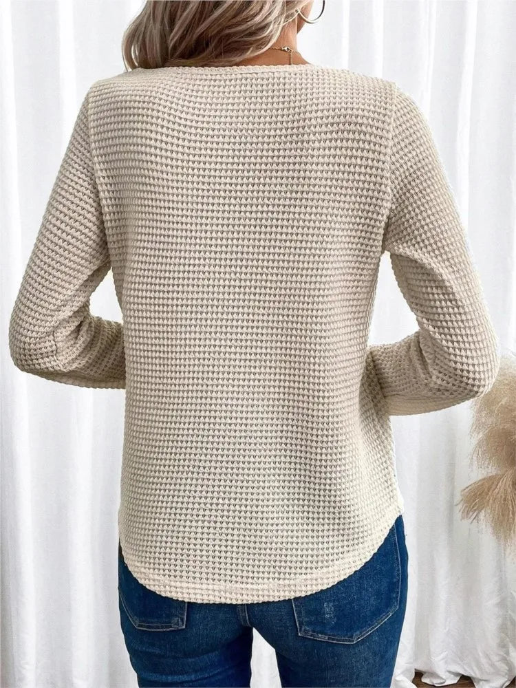 Damen Waffelbluse Mit Spitzen-Ausschnitt | Langarm