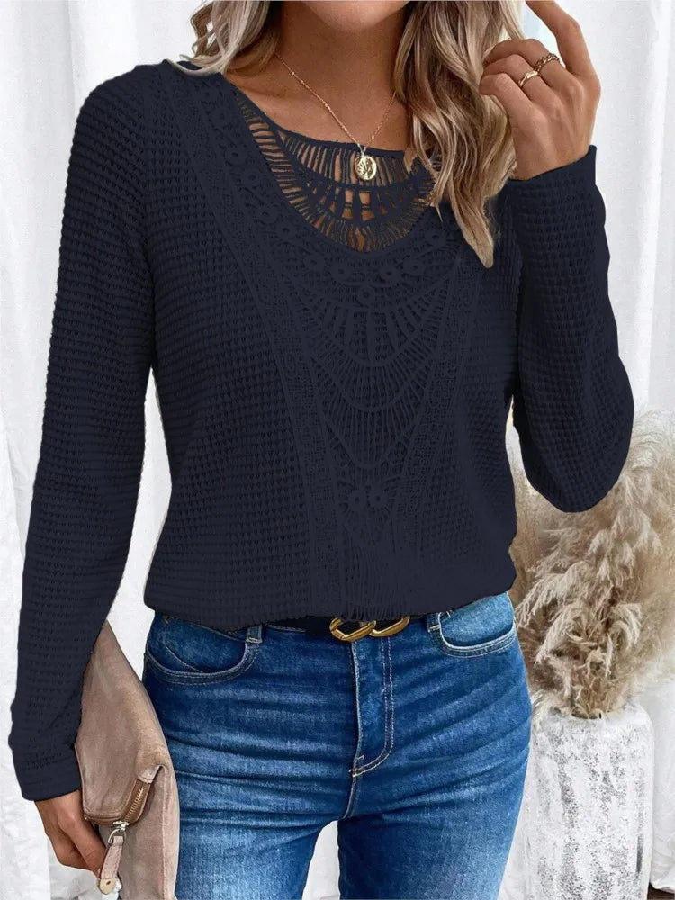 Damen Waffelbluse Mit Spitzen-Ausschnitt | Langarm