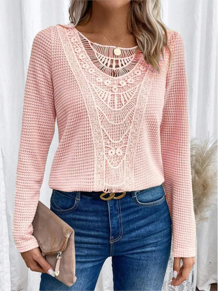 Damen Waffelbluse Mit Spitzen-Ausschnitt | Langarm