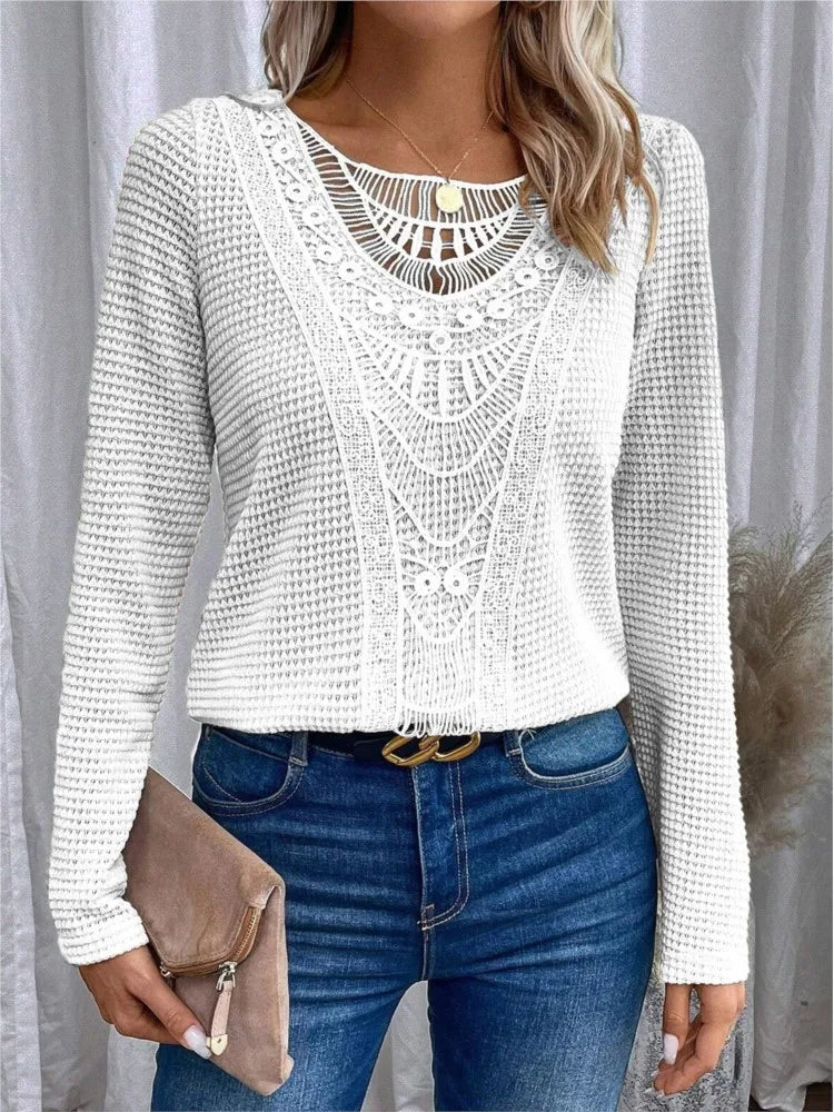 Damen Waffelbluse Mit Spitzen-Ausschnitt | Langarm