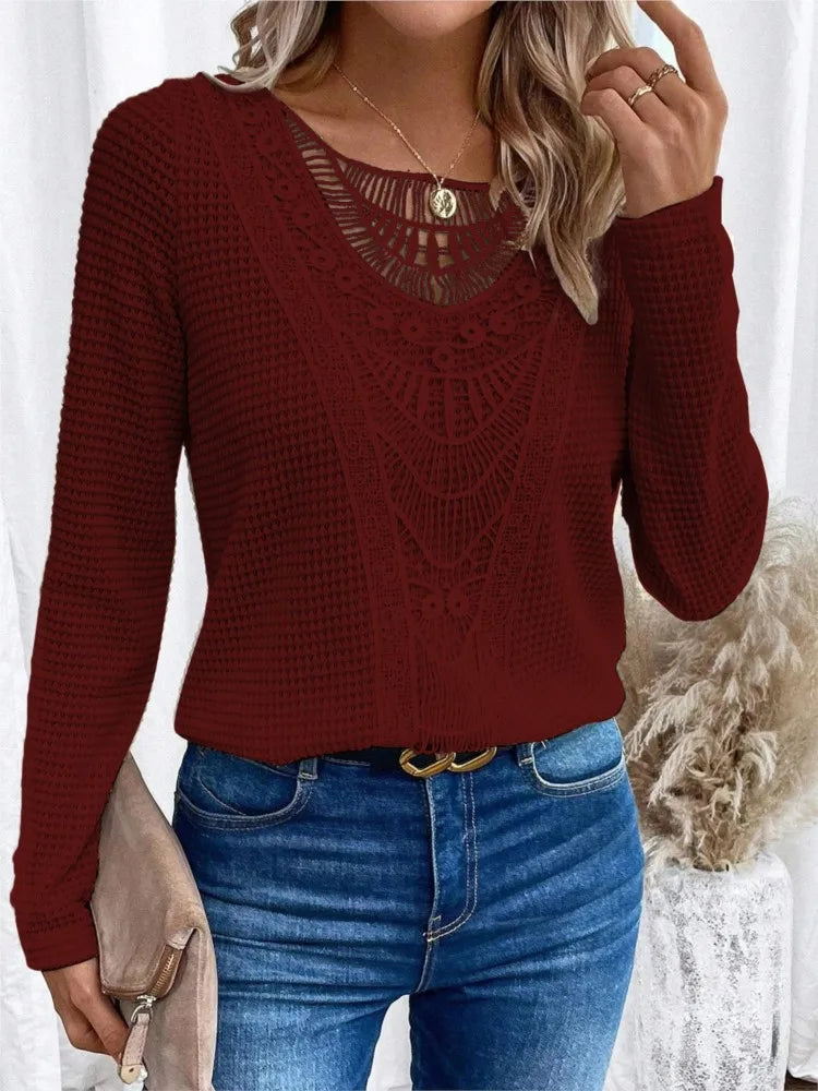 Damen Waffelbluse Mit Spitzen-Ausschnitt | Langarm