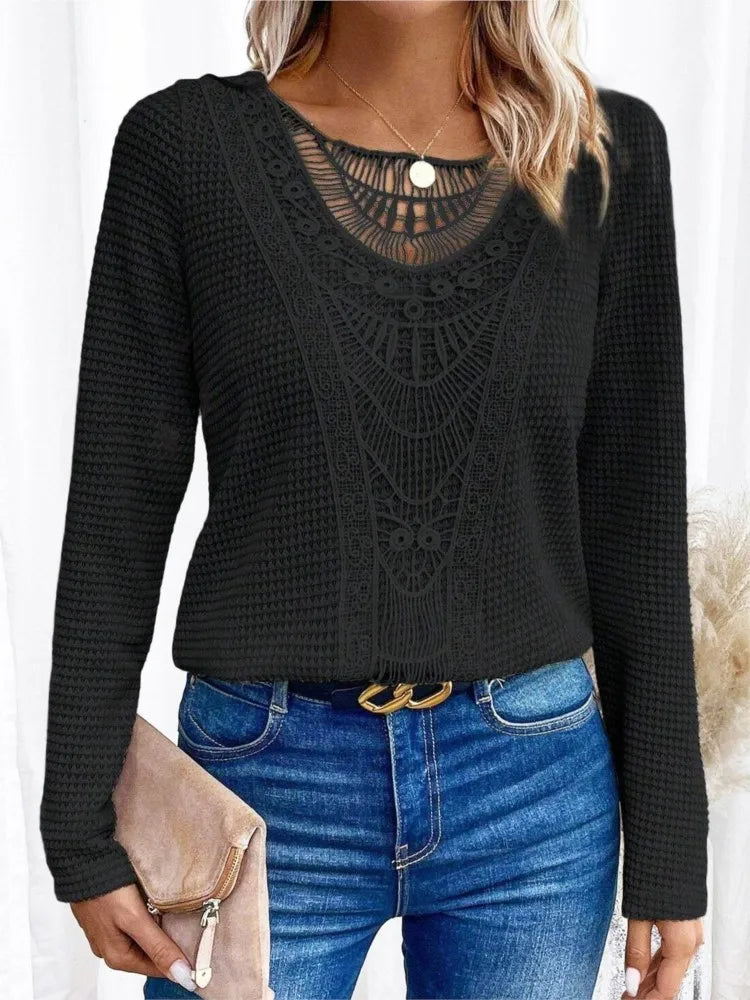 Damen Waffelbluse Mit Spitzen-Ausschnitt | Langarm