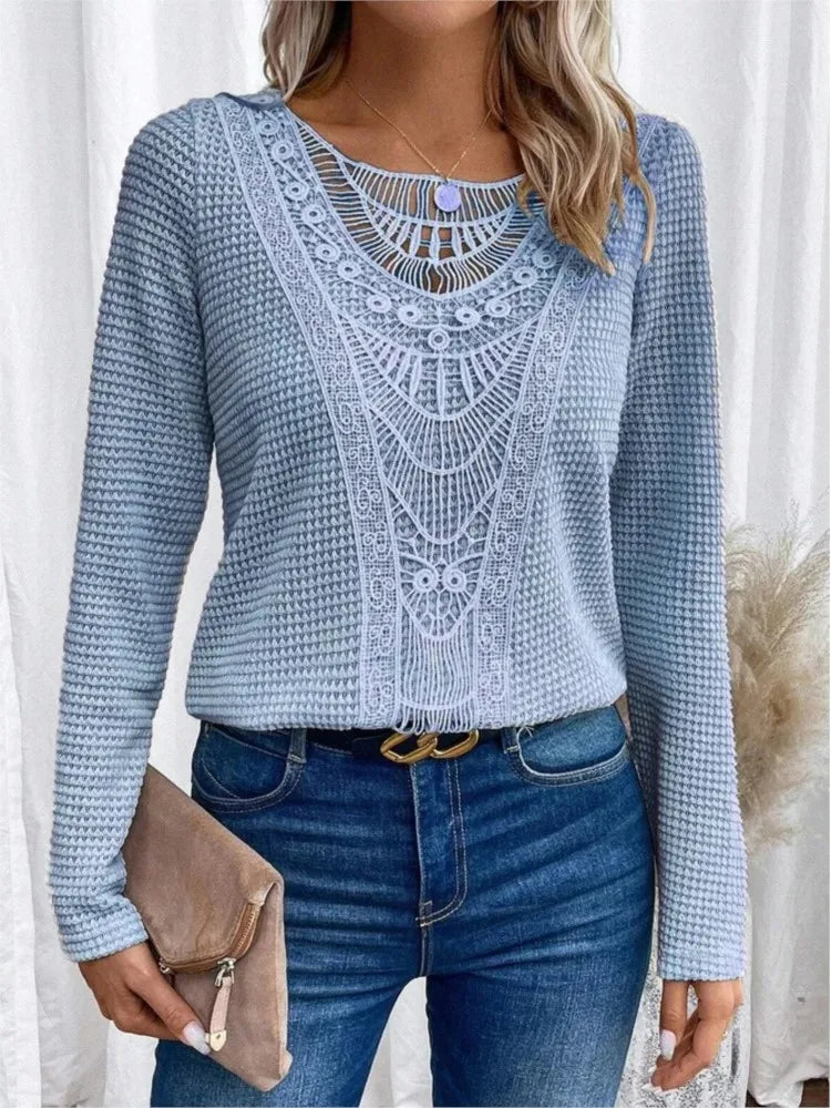 Damen Waffelbluse Mit Spitzen-Ausschnitt | Langarm