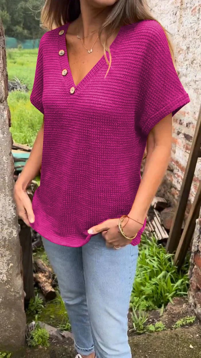 Damen Waffle Bluse Mit V Ausschnitt | Kurzarm