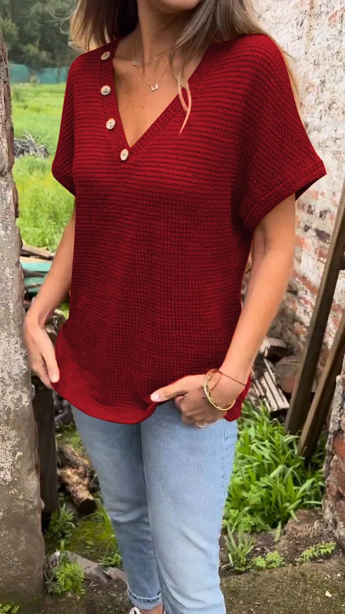 Damen Waffle Bluse Mit V Ausschnitt | Kurzarm