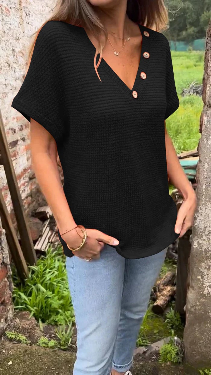 Damen Waffle Bluse Mit V Ausschnitt | Kurzarm