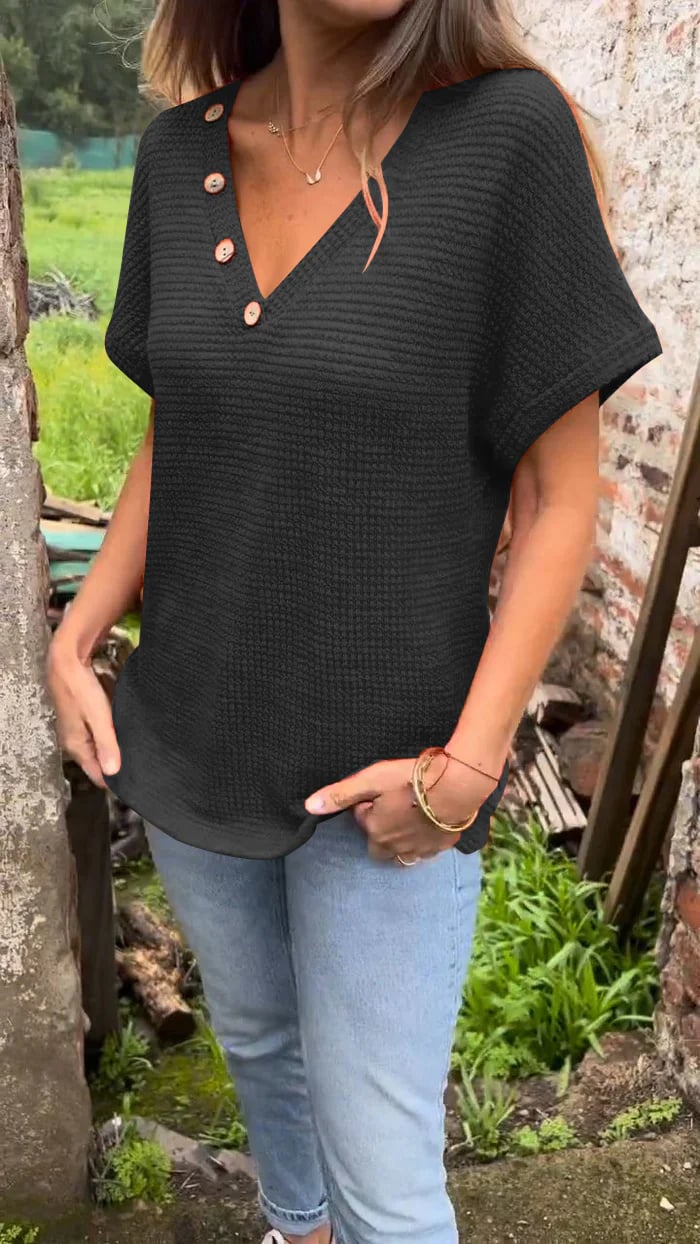 Damen Waffle Bluse Mit V Ausschnitt | Kurzarm