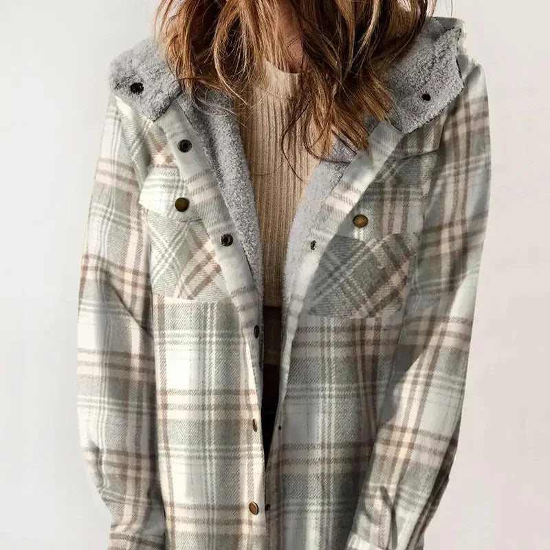 Damen Winterjacke Kariert Mit Kapuze Und Teddyfutter | Warm