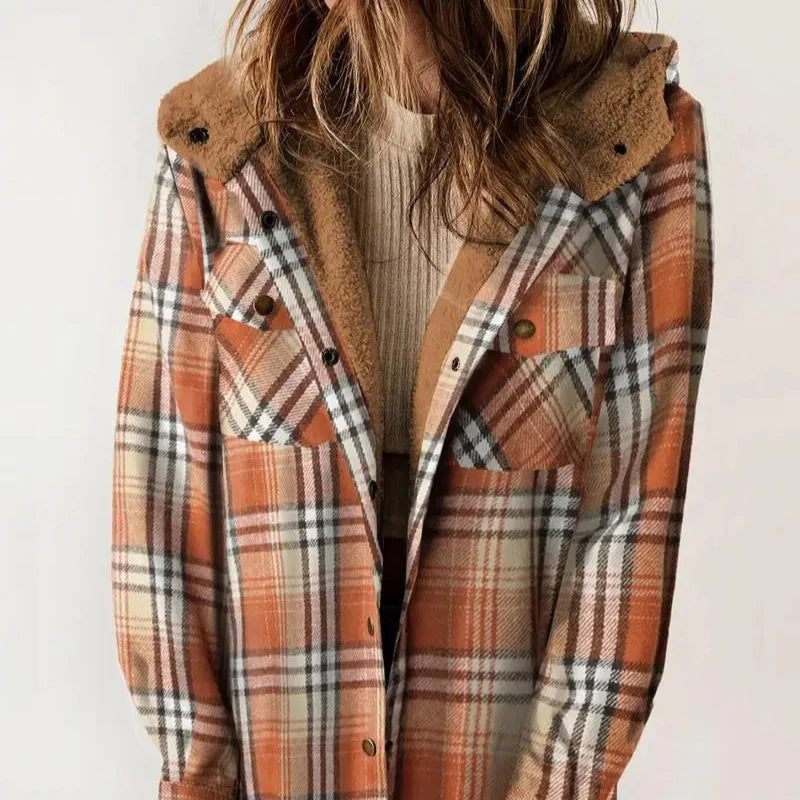Damen Winterjacke Kariert Mit Kapuze Und Teddyfutter | Warm