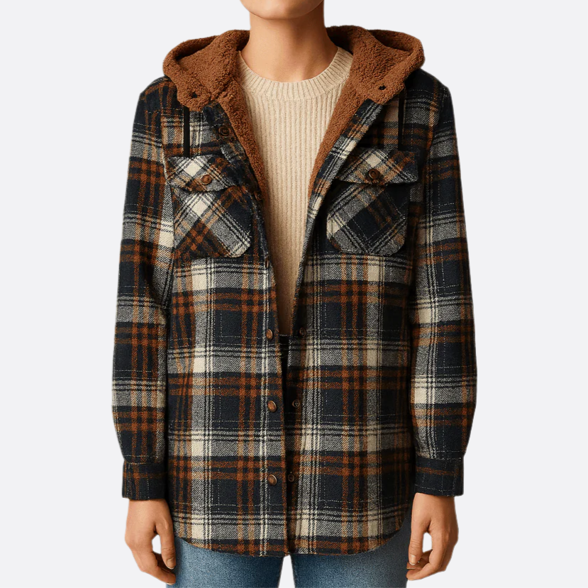 Damen Winterjacke Kariert Mit Kapuze Und Teddyfutter | Warm