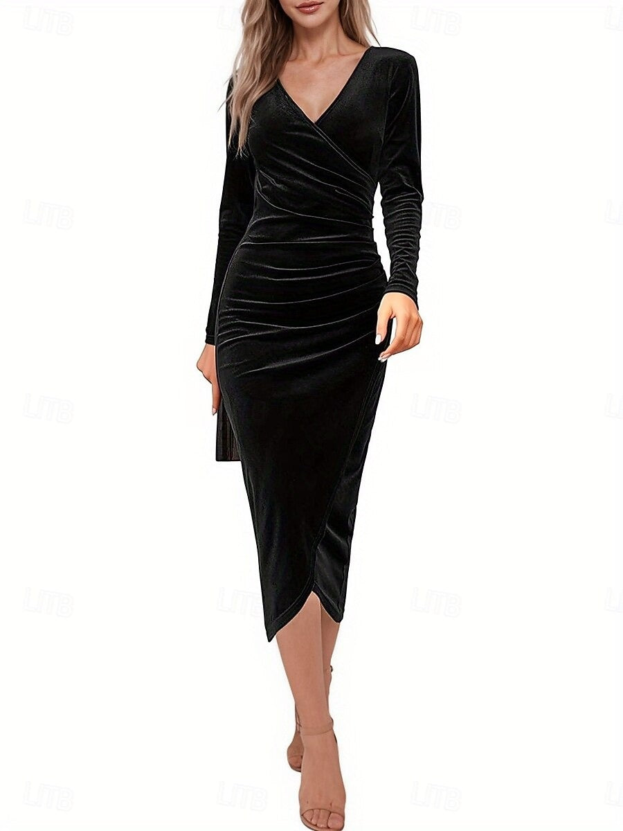 Damen Winterkleid Wickeloptik Mit V Ausschnitt | Midi