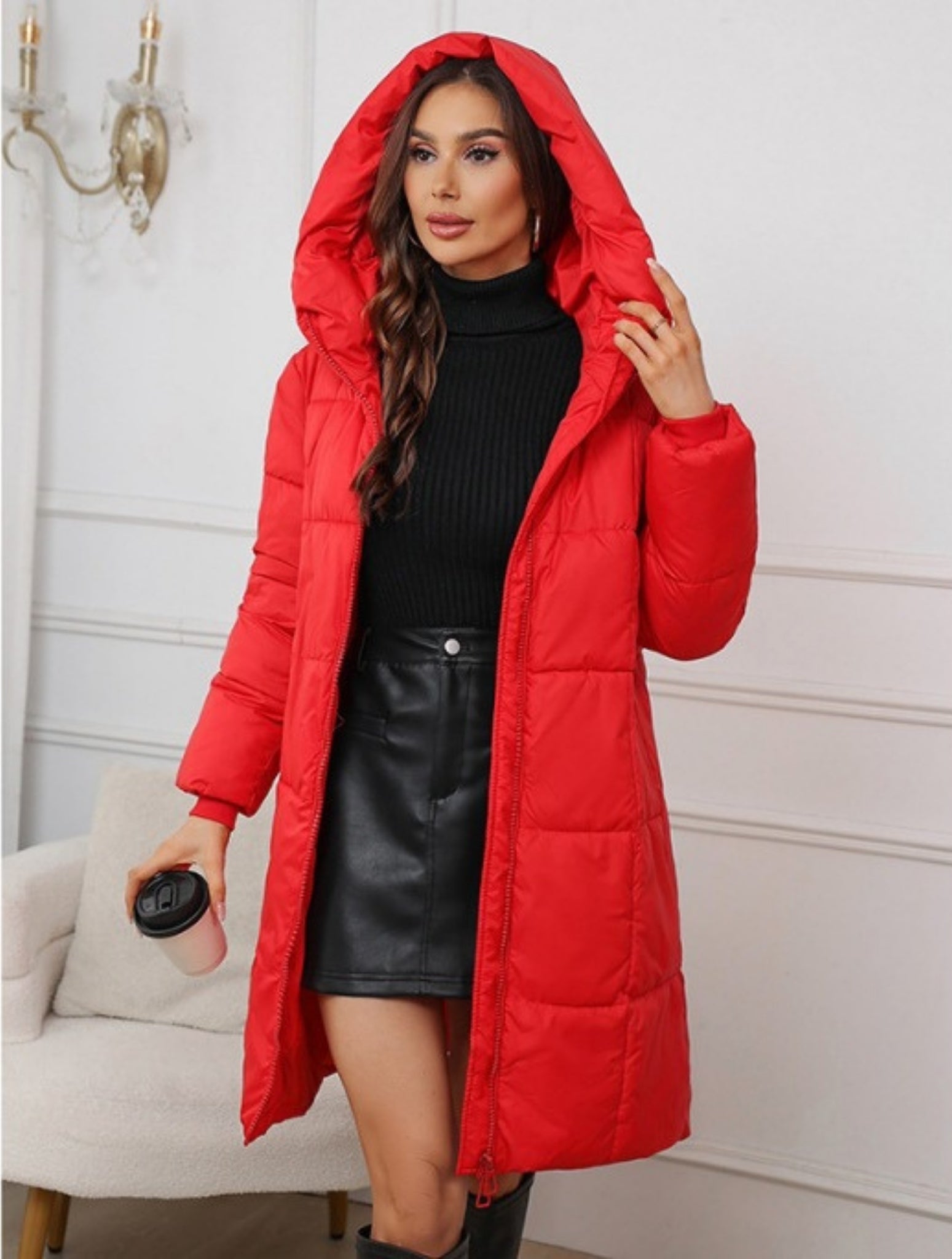 Daunenmantel Damen Lang Mit Kapuze Und Reißverschluss | Winter