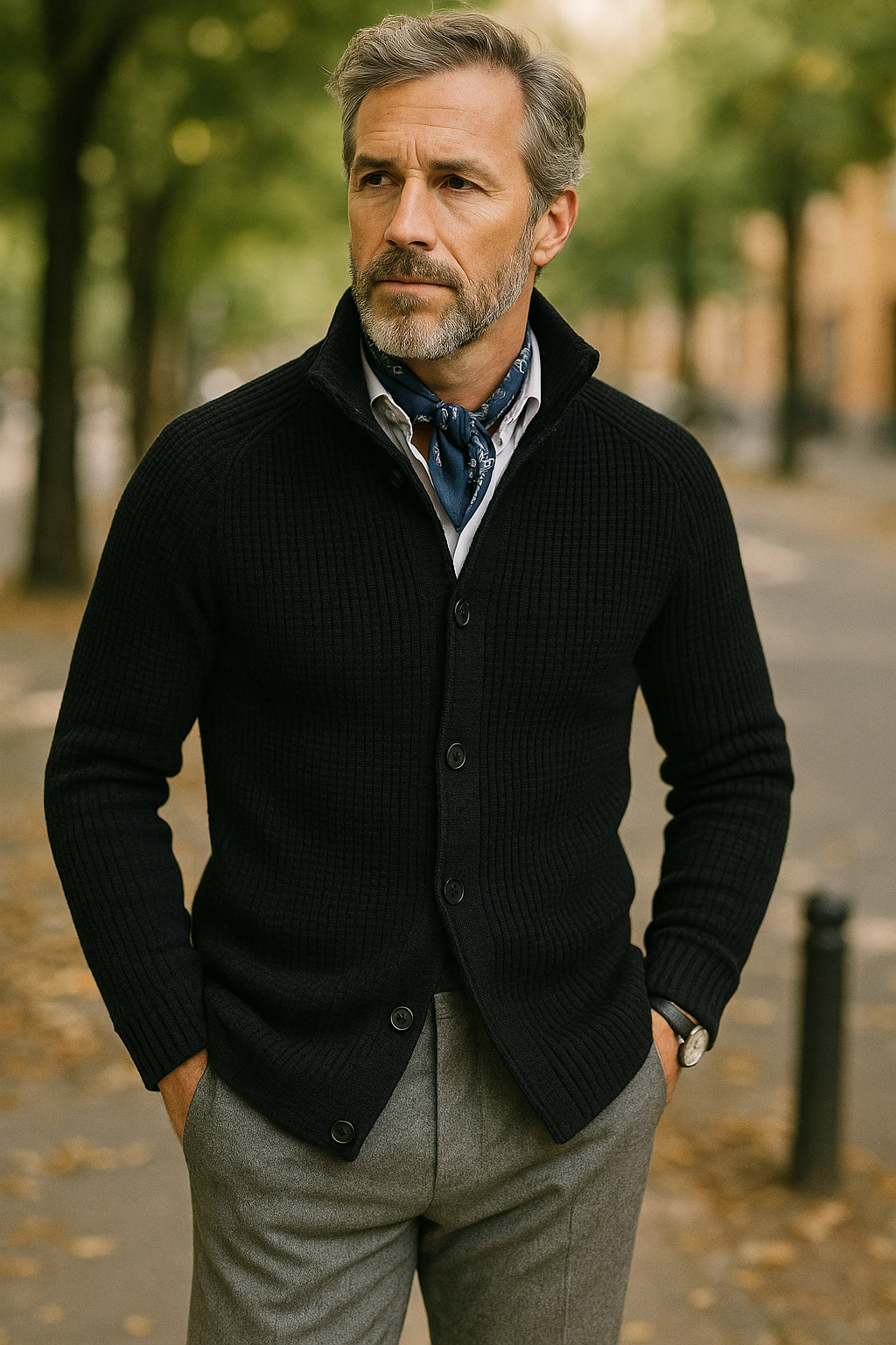 Hannes – Strickjacke mit Stehkragen und Knopfverschluss