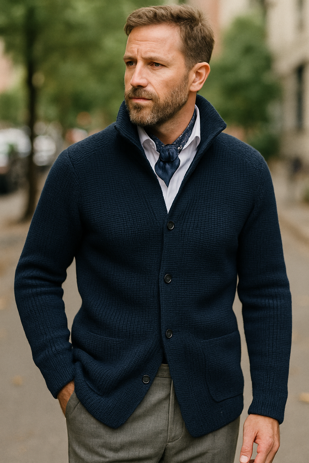 Hannes – Strickjacke mit Stehkragen und Knopfverschluss