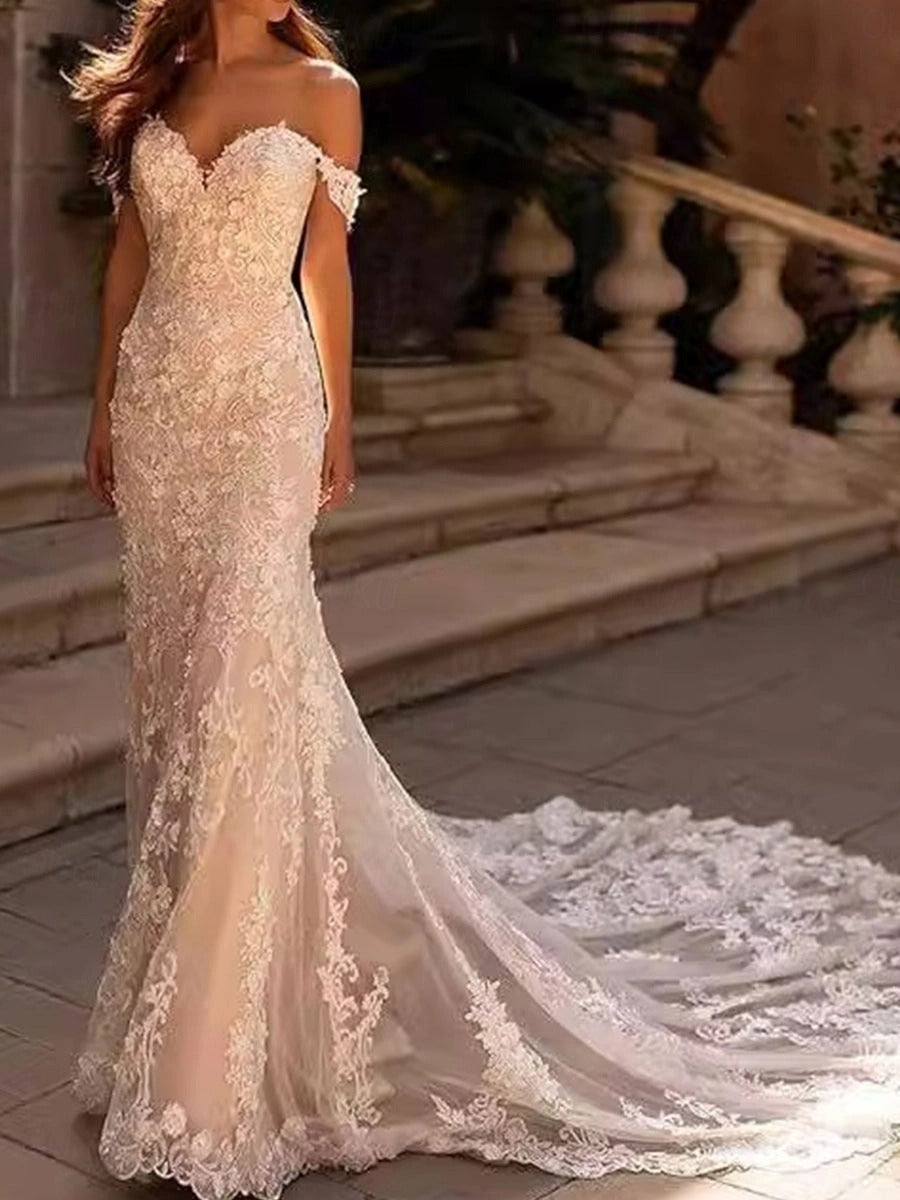 Hochzeitskleidung Damen Schulterfrei Mit Schleppe | Elegant