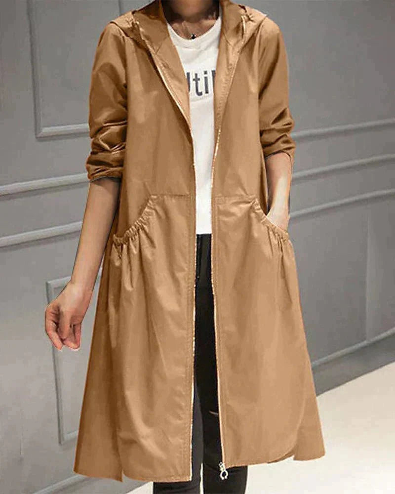 Leichte Regenjacke Damen Trenchcoat Mit Kapuze | Lang