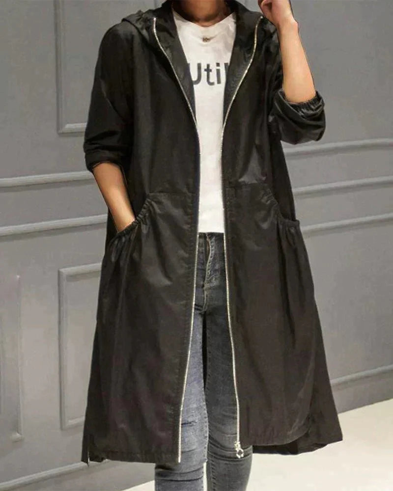 Leichte Regenjacke Damen Trenchcoat Mit Kapuze | Lang