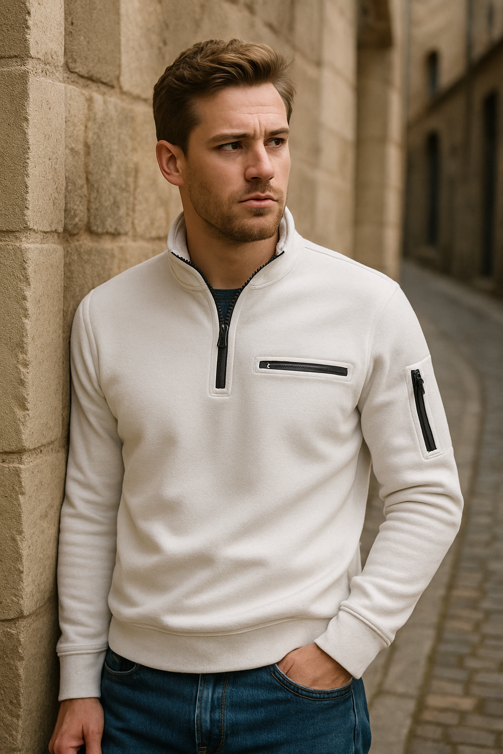 Leon - Herren Pullover mit Reißverschluss und Brusttasche