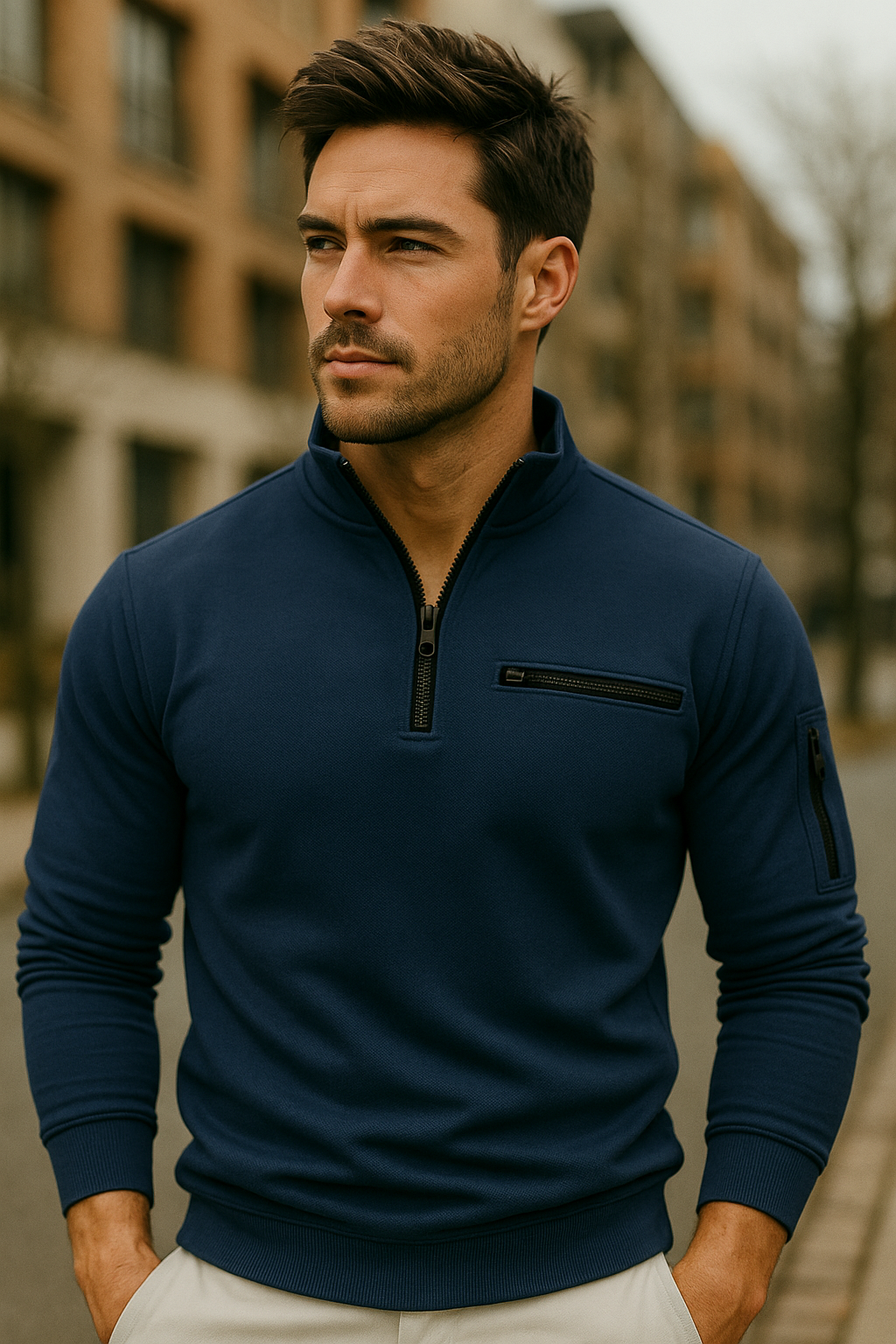 Leon - Herren Pullover mit Reißverschluss und Brusttasche