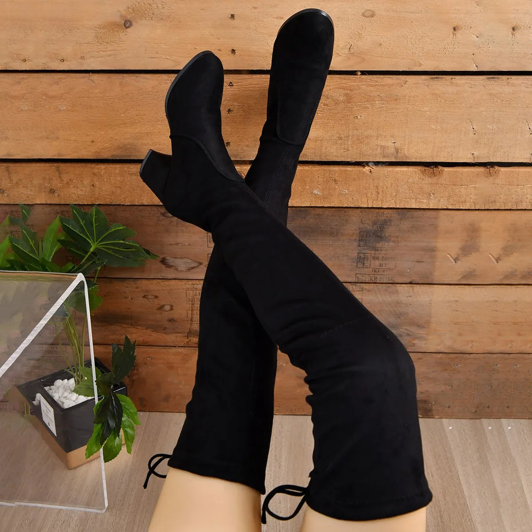 Overknee-Stiefel für Damen mit Schnürdetail | Blockabsatz