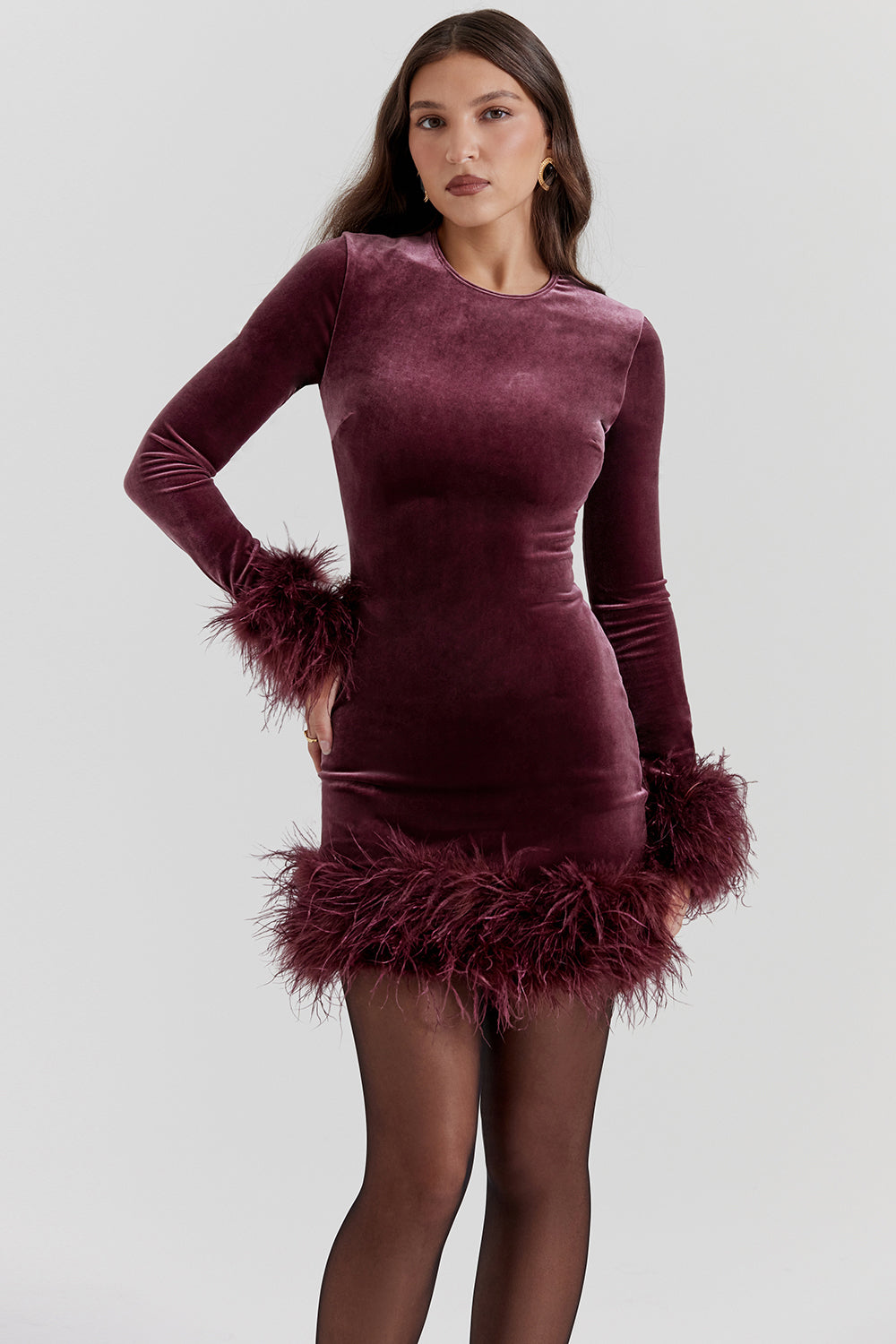 Samtkleid Damen Kurz Mit Federn | Elegantes Cocktail Party Kleid