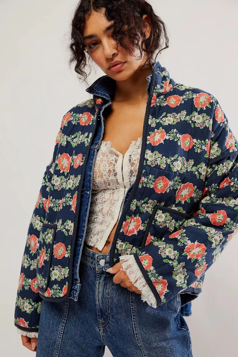 Stepp Übergangsjacke Damen Mit Blumenmuster | Kurz