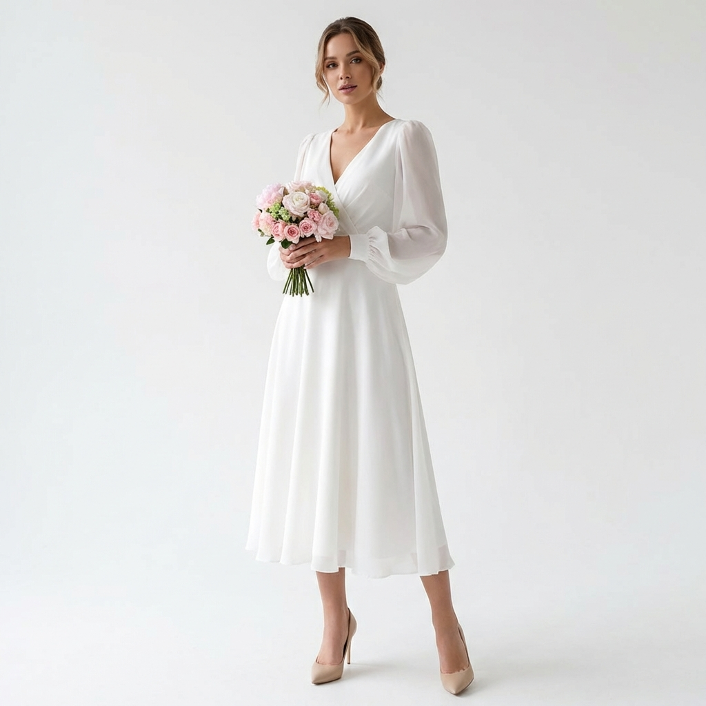 Valerie - Vestido de novia midi blanco con escote en V
