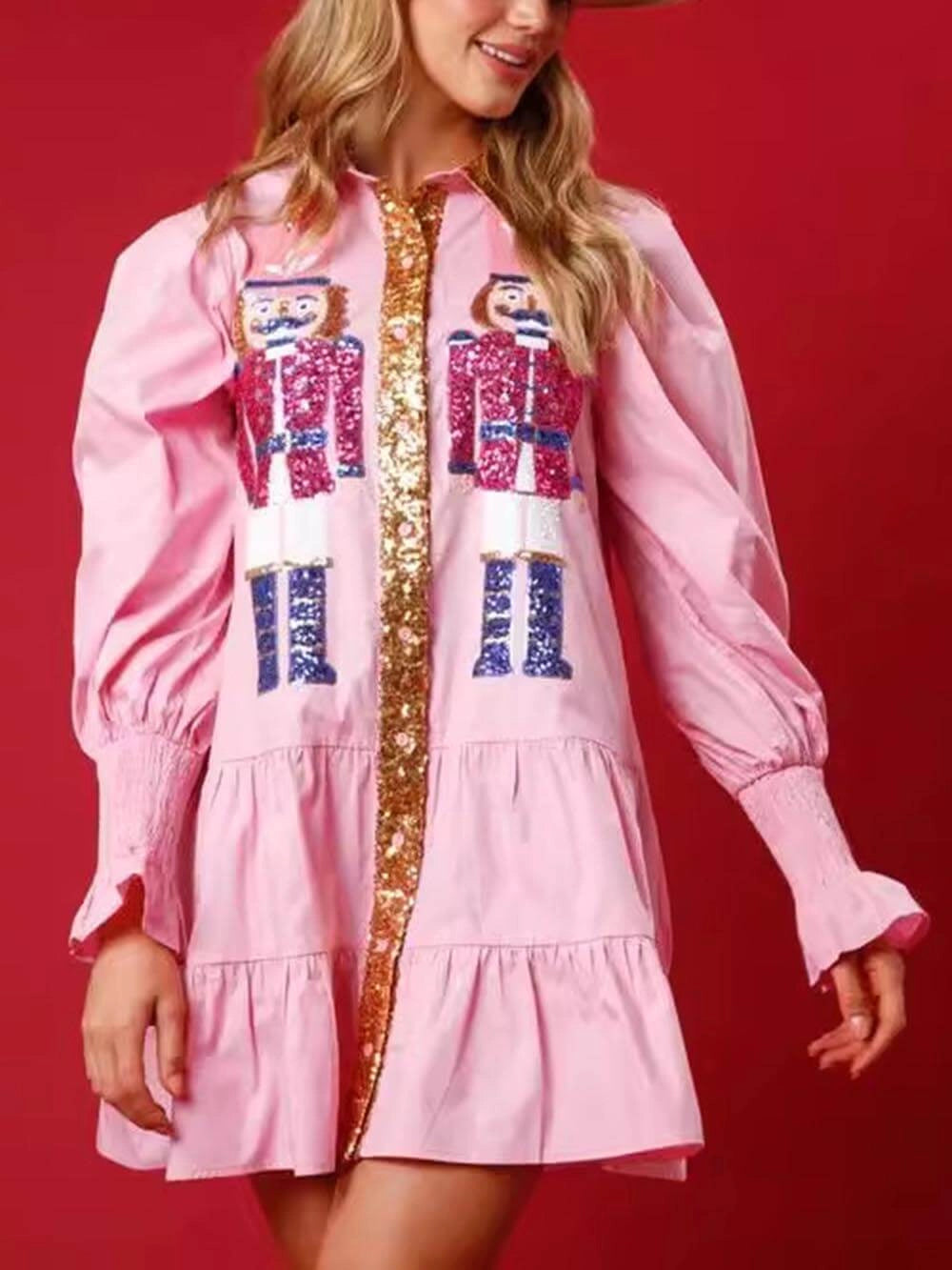 Weihnachtskleid Damen Kurz Mit Pailletten Und Nussknacker Motiv | Winter