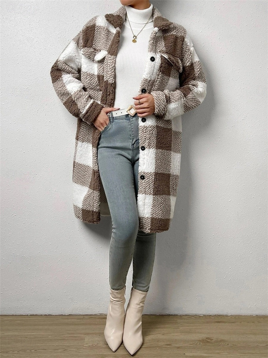 Winter Damen Fleecejacke Mit Karomuster & Taschen | Lang