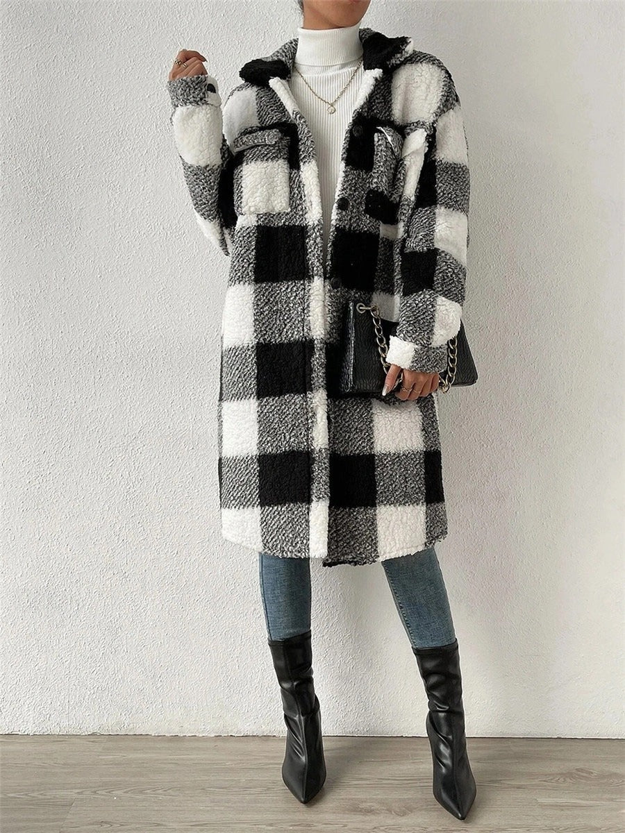 Winter Damen Fleecejacke Mit Karomuster & Taschen | Lang