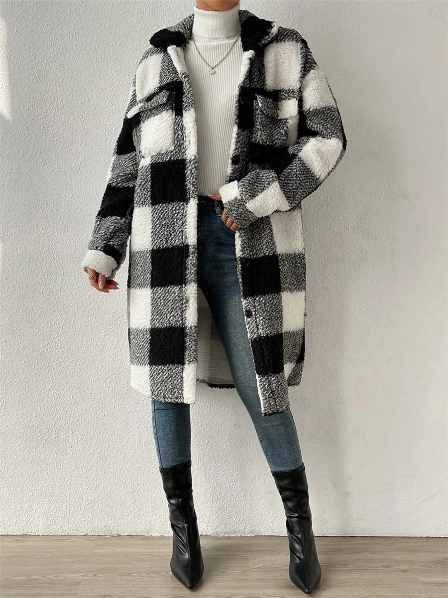 Winter Damen Fleecejacke Mit Karomuster & Taschen | Lang