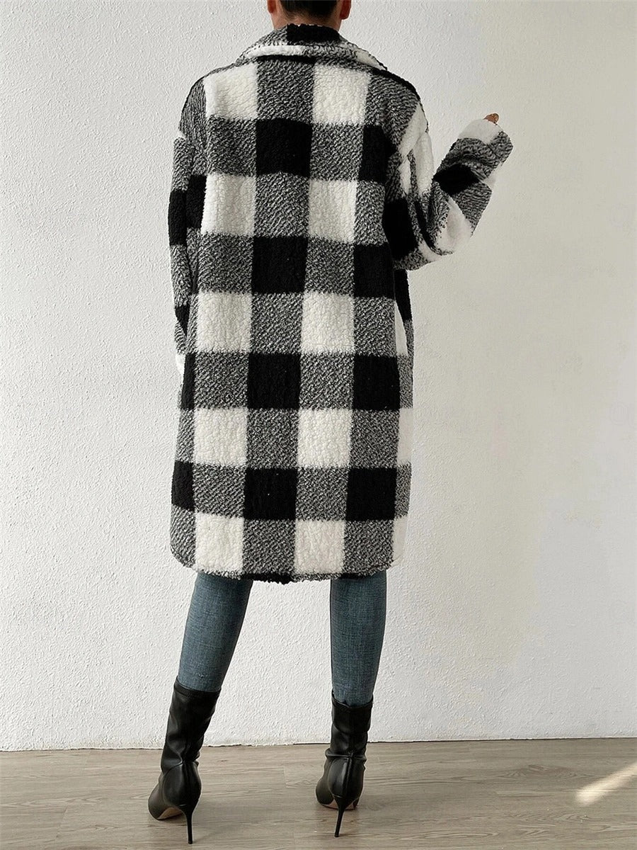 Winter Damen Fleecejacke Mit Karomuster & Taschen | Lang