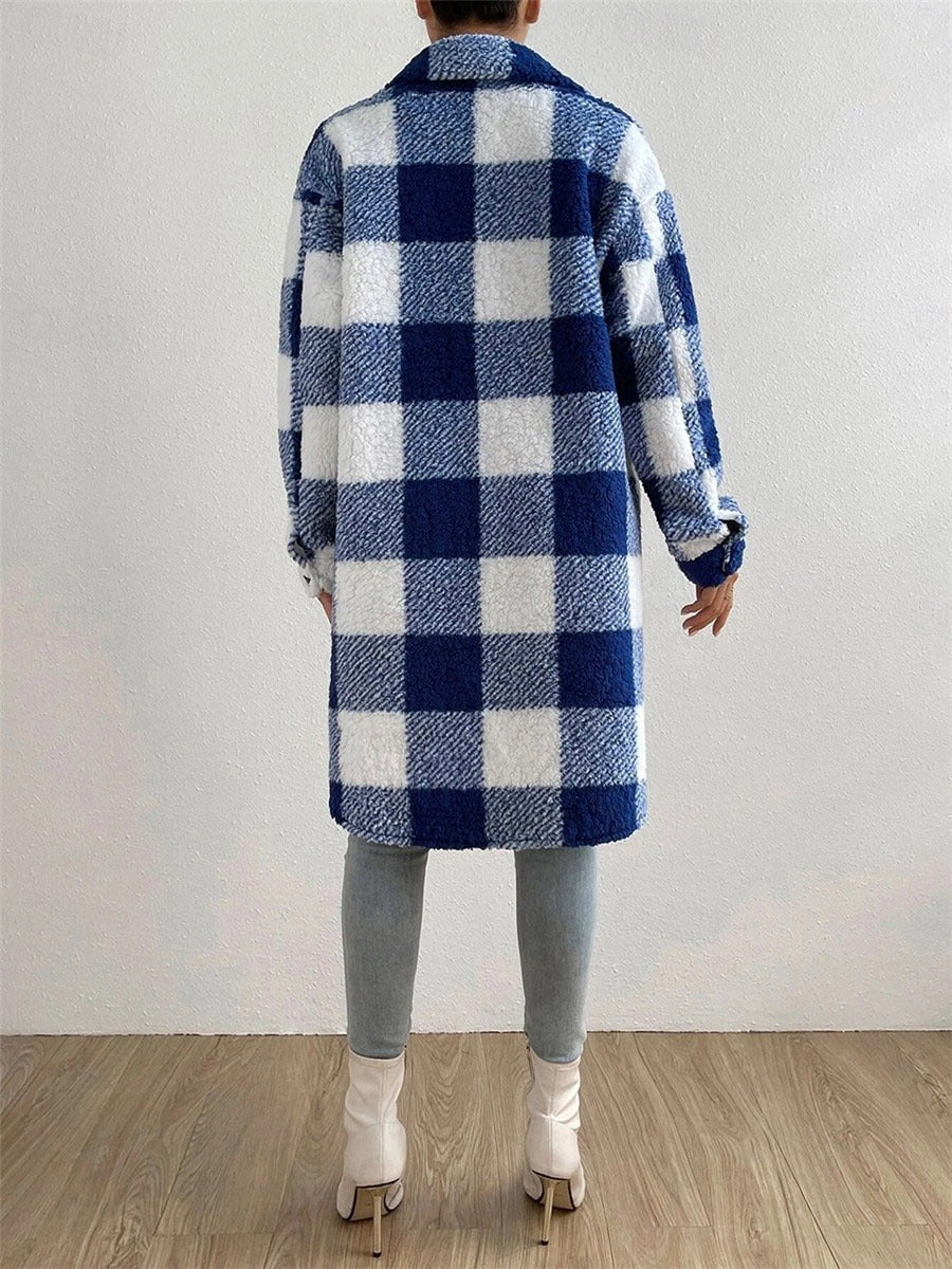 Winter Damen Fleecejacke Mit Karomuster & Taschen | Lang