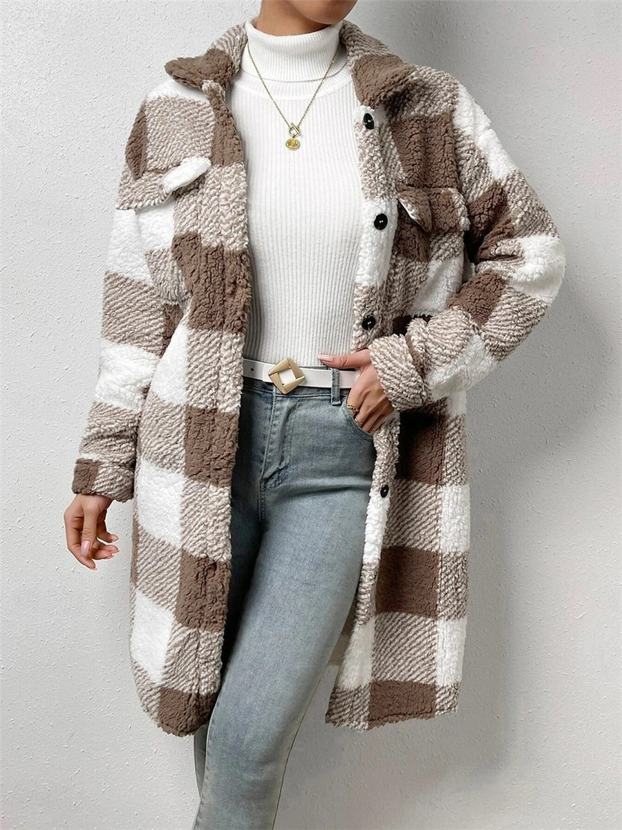 Winter Damen Fleecejacke Mit Karomuster & Taschen | Lang