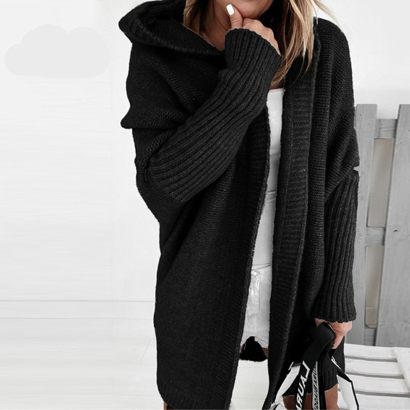 Damen Lange Strickjacke | Mit Kapuze