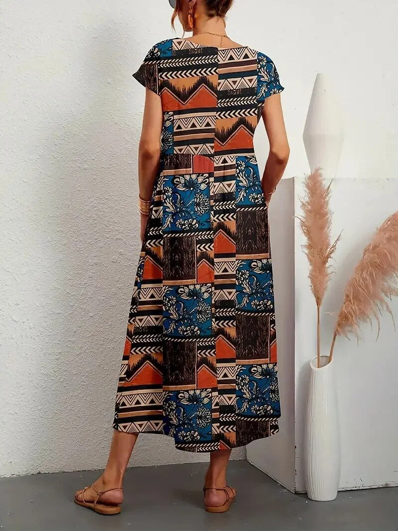 Avelia – Vestido de verano floral de mezcla de algodón línea A