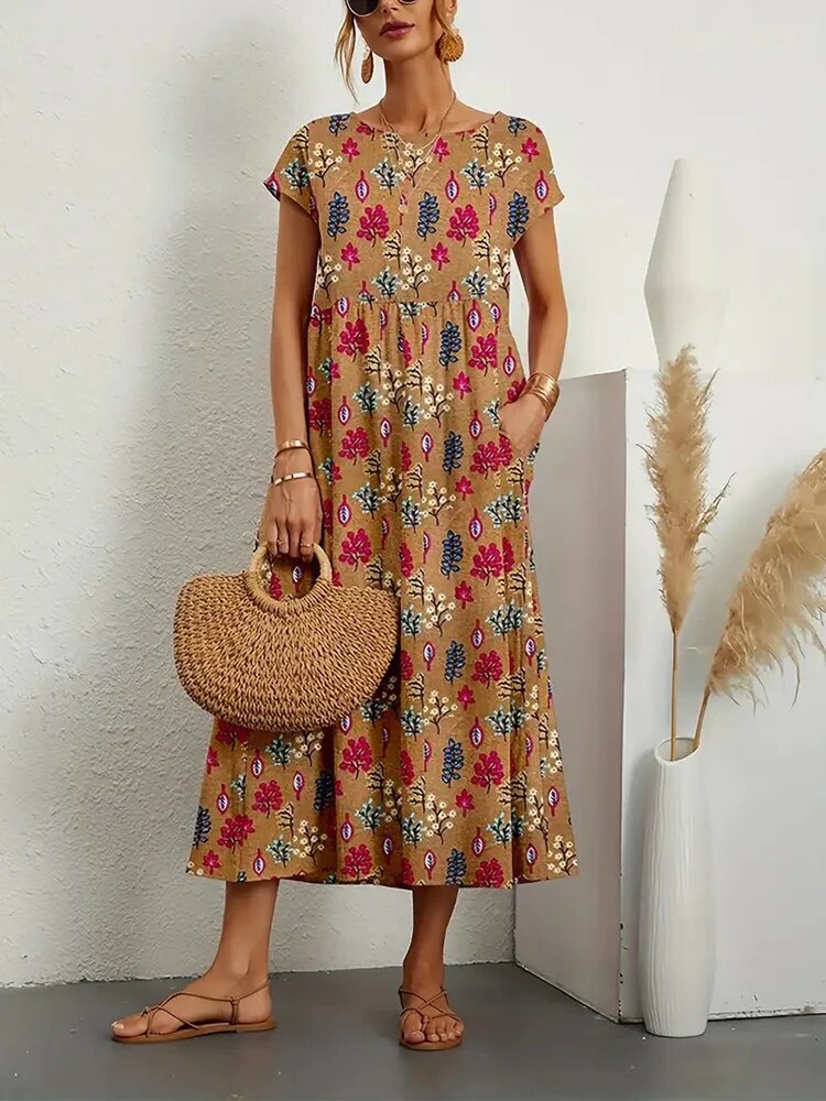 Avelia – Vestido de verano floral de mezcla de algodón línea A