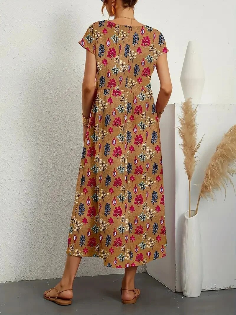 Avelia – Vestido de verano floral de mezcla de algodón línea A
