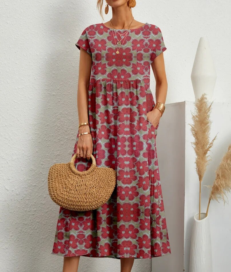 Avelia – Vestido de verano floral de mezcla de algodón línea A