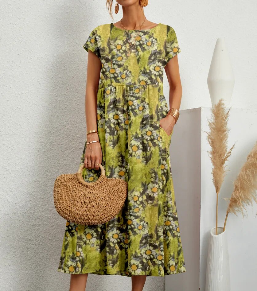 Avelia – Vestido de verano floral de mezcla de algodón línea A