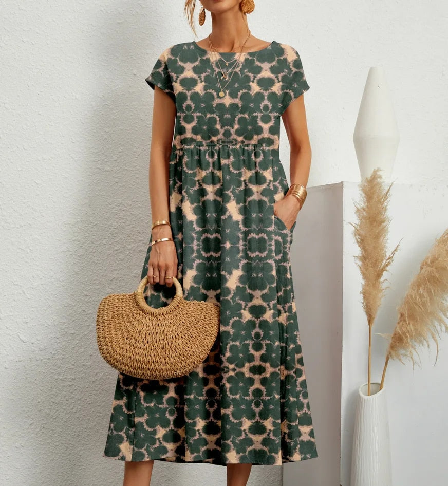 Avelia – Vestido de verano floral de mezcla de algodón línea A