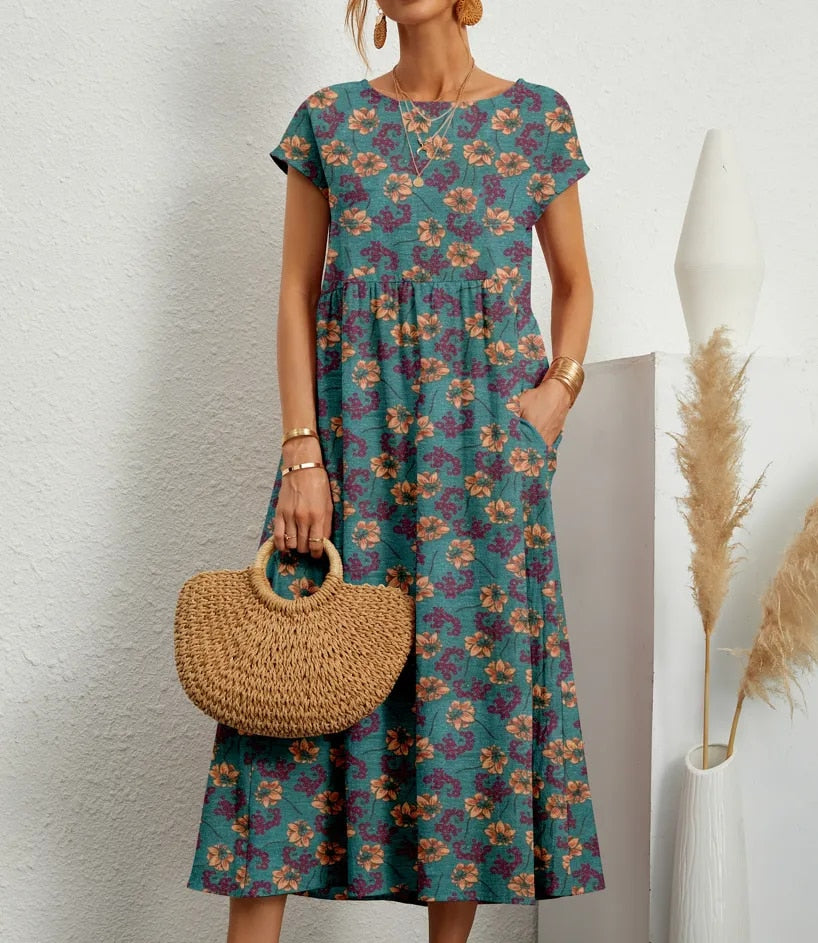 Avelia – Vestido de verano floral de mezcla de algodón línea A