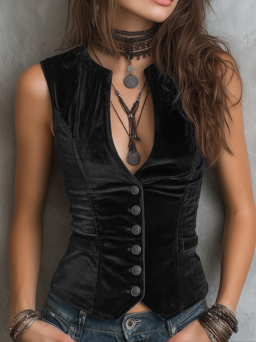 Camila - Chaleco de terciopelo vintage con cuello redondo y escote en V