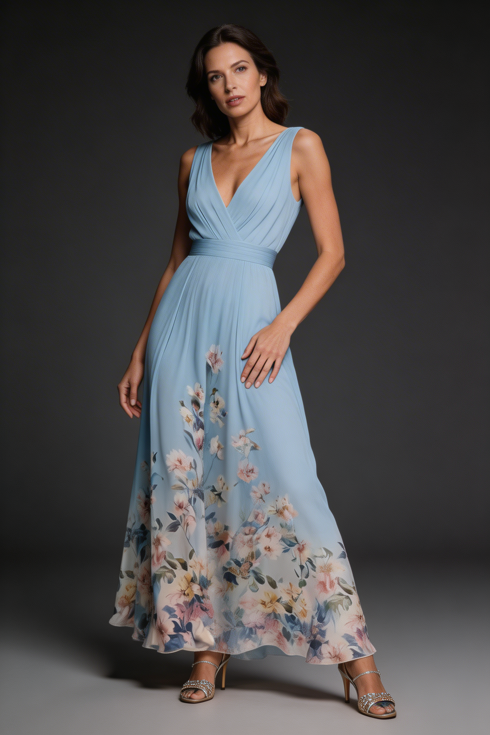 Ashan – Vestido largo estilo chiffon floral con escote en V