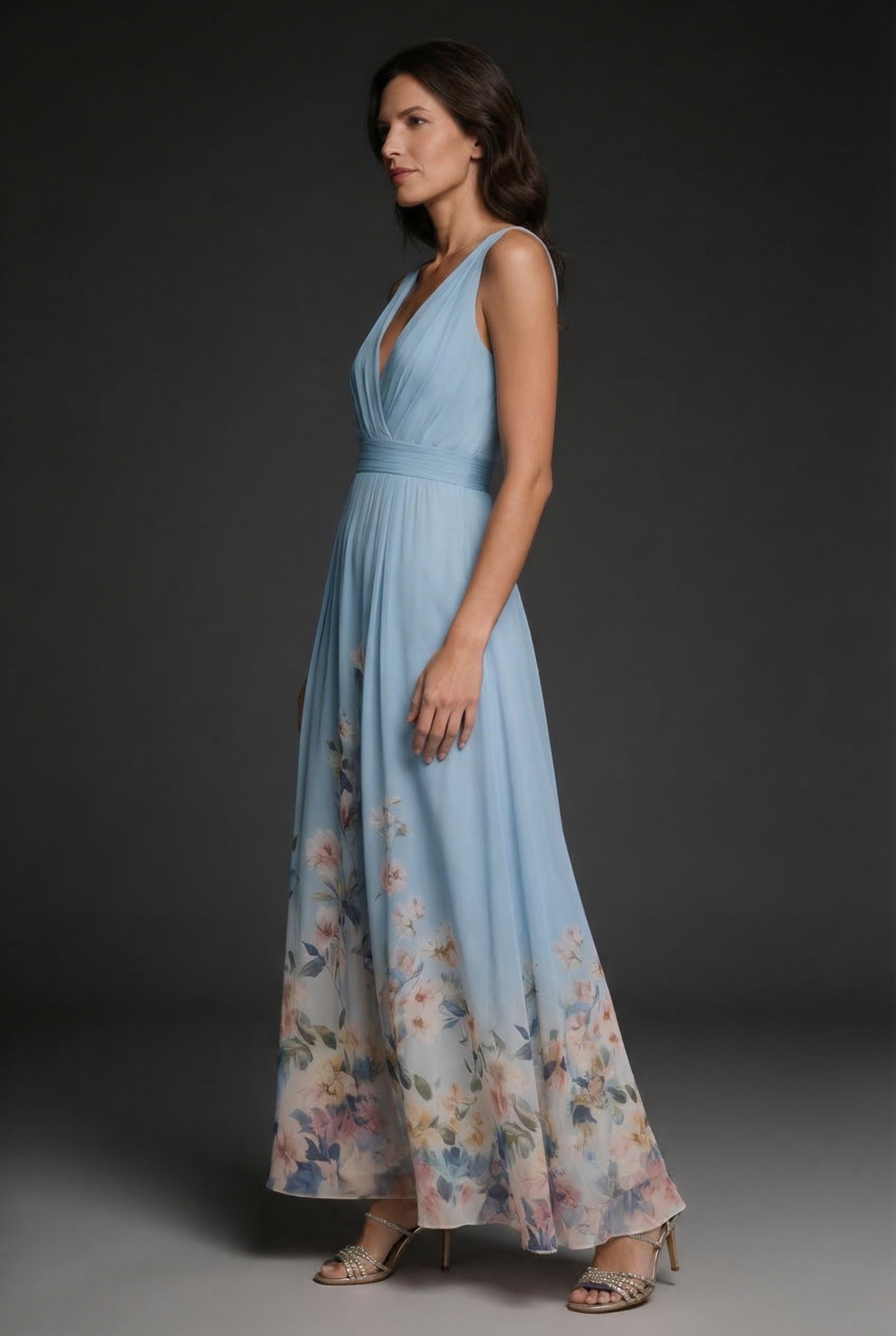 Ashan – Vestido largo estilo chiffon floral con escote en V