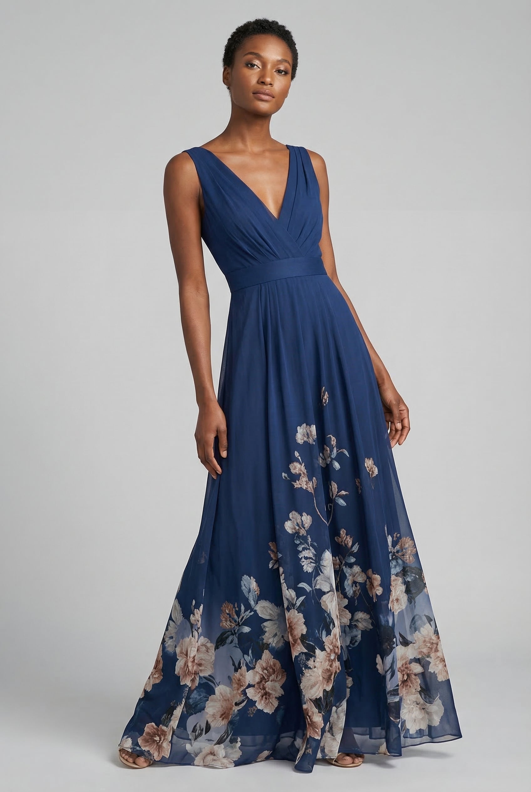Ashan – Vestido largo estilo chiffon floral con escote en V